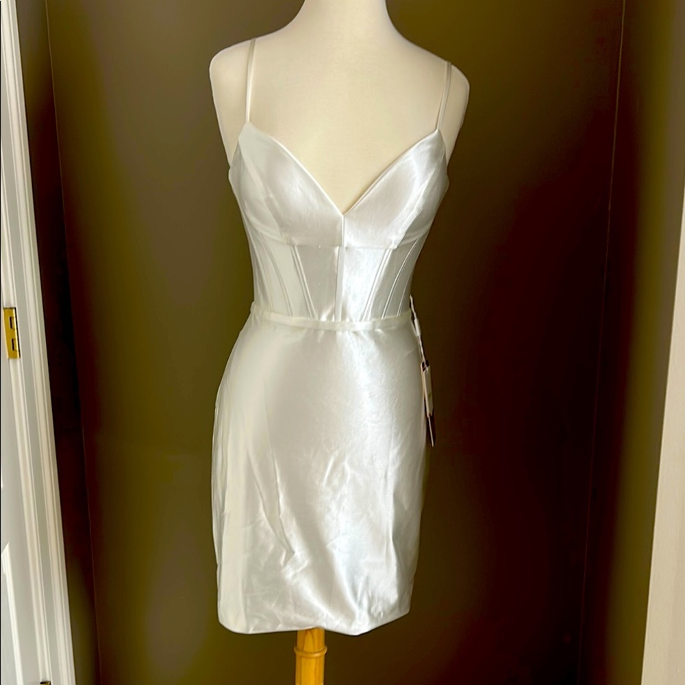 Prom or Special Occasion Stacees Sleek White Satin Mini Dress